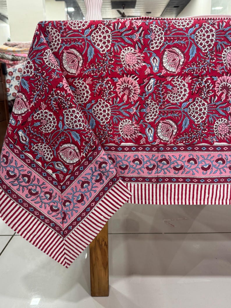 Frans tafelkleed hoes, blok bedrukt tafelkleed, Indiaas tafellinnen, gebloemd eettafelkleed Vintage katoenen tafelmatten met servetten Tablecloth 03