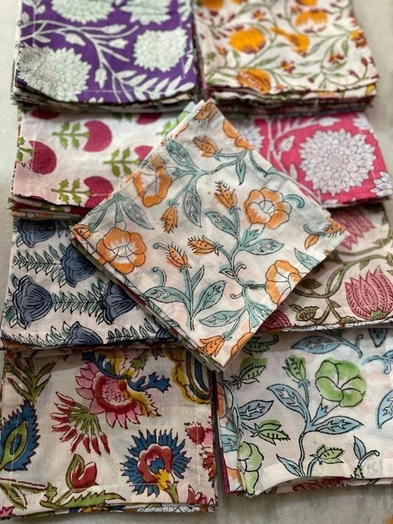 Assorted Napkin Set, 50 Pack Of Handblock Printed Napkins, Bohemian Napkin, Mix and Match Block Print Table Napkins, Handmade in India image 1