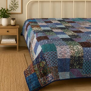 100% Cotton Bohemian Vintage Kantha Blanket Fabric Hand stitched Bedspread Reversible Patchwork Quilt All custom Sizes Available