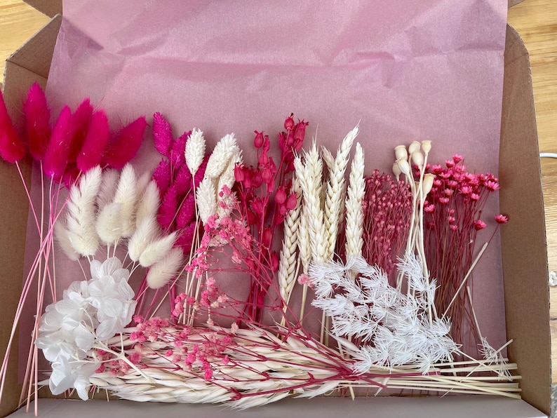 Mélange de fleurs séchées, confettis de fleurs séchées, coloré, uni, monochrome, MINI, MIDI, MAXI, kit DIY avec anneau et fil métallique Pink/Rosa/Crem