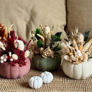 May include: A collection of five pumpkin-shaped containers in various colours, including mauve, sage green, cream, and orange, each filled with an arrangement of dried flowers, grasses, and seed pods, with two small white pumpkin figurines in front.