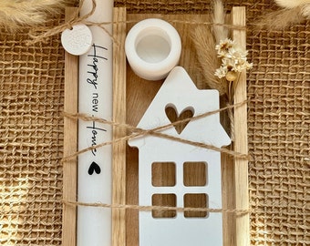 Raysin Geschenk-Set, Lichterhaus-Geschenkset, "Home sweet Home", Kerzenhalter, bedruckte Kerze