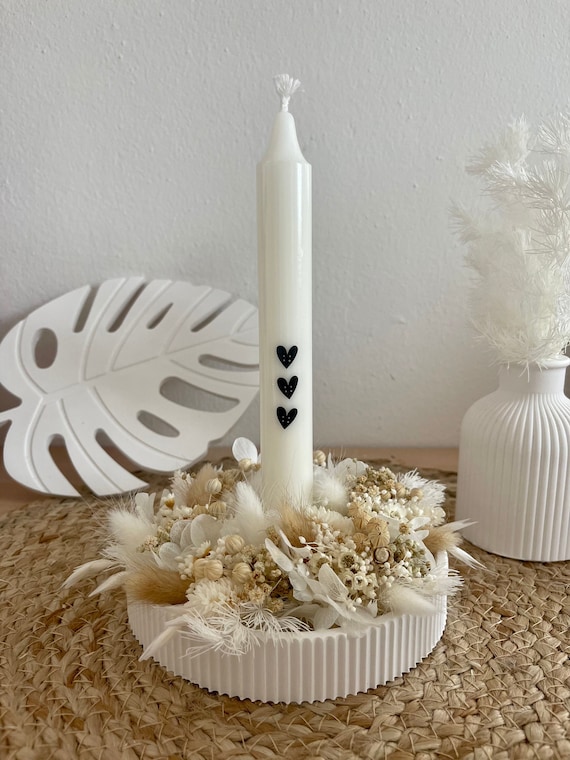 Raysin Candle Holder, Ribbed, With White Candle, 20 Cm, Candlestick; Keraflott, 14 X 2.5 Cm