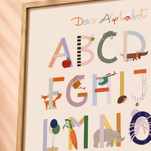 Könnte beinhalten: Ein gerahmtes pädagogisches Wandbild mit dem Alphabet, bestehend aus bunten, gemusterten Buchstaben und passenden Illustrationen wie Apfel, Biene, Fuchs, Hubschrauber, Igel, Karotte, Nashorn, Krake und Qualle, inklusive dem Schriftzug Das Alphabet.