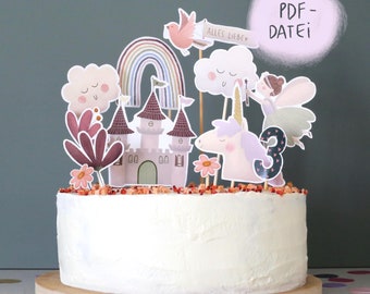Printable Fairy and Unicorn Cake Topper | Digital Content | Children's Birthday Cake Decoration | Rainbow DIY Birthday Cake Topper | Wushy Head