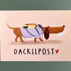 May include: A light pink greeting card featuring a brown dachshund wearing a light purple jacket and a yellow backpack with a striped strap. The dog carries a white envelope in its mouth. The text DACKELPOST and a red heart are printed below.