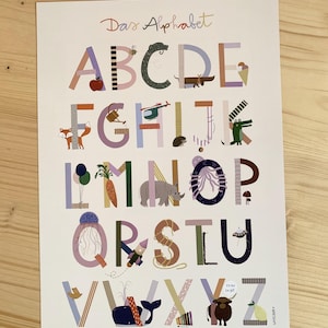 May include: A colorful alphabet poster with the words "Das Alphabet" at the top. Each letter is decorated with an illustration, including an apple, a fox, a whale, and a rocket. The poster is on a white background.