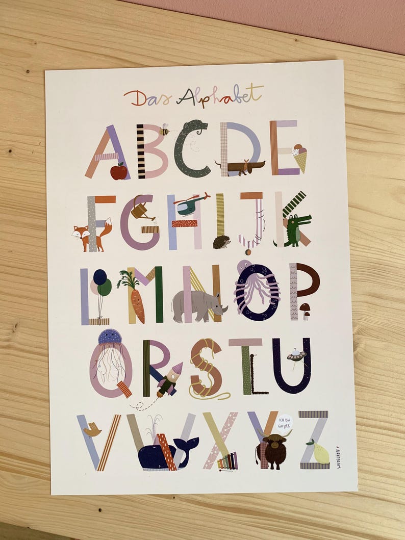 May include: A colorful alphabet poster with the words "Das Alphabet" at the top. Each letter is decorated with an illustration, including an apple, a fox, a whale, and a rocket. The poster is on a white background.
