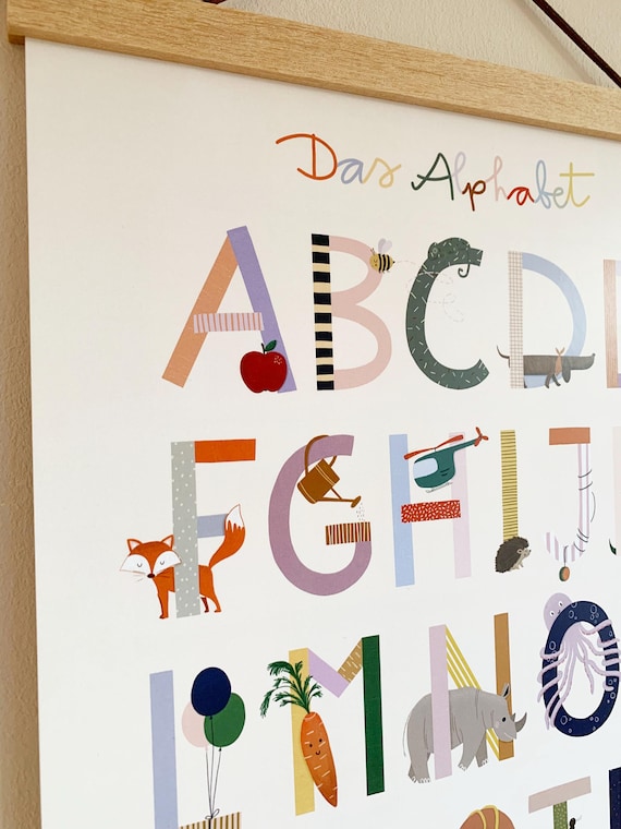 ABC Poster Kinderzimmer | Alphabet Lernposter | Montessori Kinderzimmer Deko | Babyzimmer Wandbild A3 A4 | Geschenk Einschulung