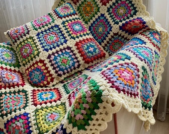 Grannysquare Blanket and Pillow , Afghan model ,patcwork blanket,vintage blanket,tv blanket and pillow