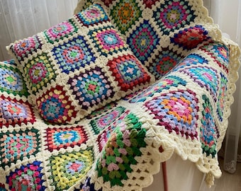 Couverture et oreiller Grannysquare, modèle afghan, couverture en patchwork, couverture vintage, couverture tv et oreiller