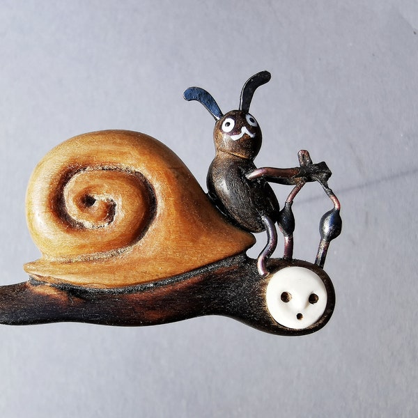 Original wooden brooch Snail and Rabbit, metal brooch, unique gift idea, lovely brooch, fairy tale jewelry, cute brooch, animalistic jewelry