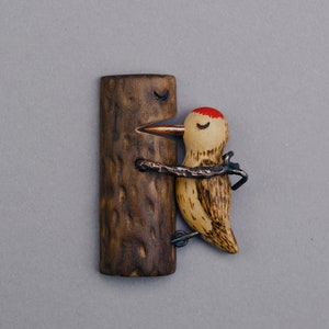 Adorable wood brooch Love is hurt, wooden woodpecker, handpainted brooch, metal brooch, wooden brooch, original jewelry image 5