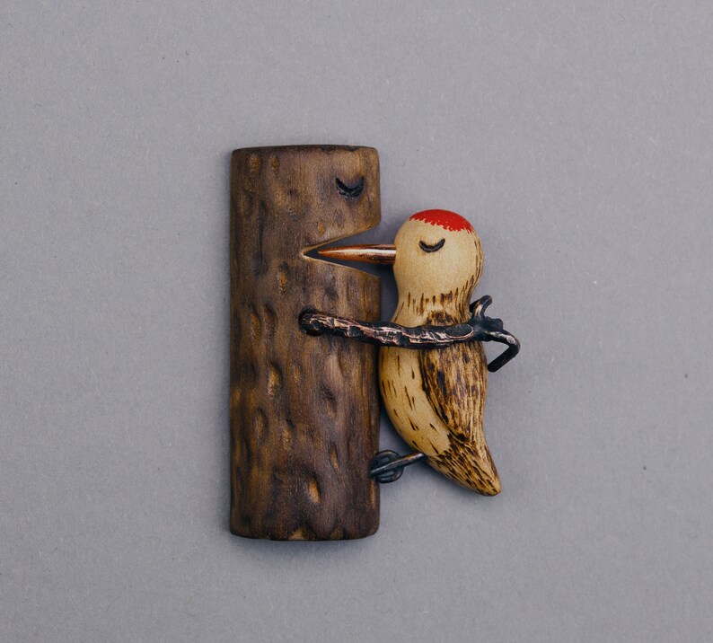 Adorable wood brooch Love is hurt, wooden woodpecker, handpainted brooch, metal brooch, wooden brooch, original jewelry image 5