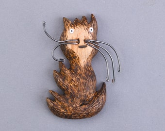 Cute cat, lovely animal, wooden brooch, funny gift idea, wooden jewelry, gift for animal lover, pet  lover gift