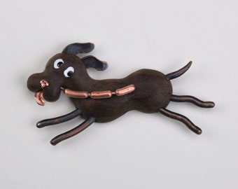 Hilarious wooden brooch Bring back the sausages, dog with sausages, funny brooch, wooden jewelry gift