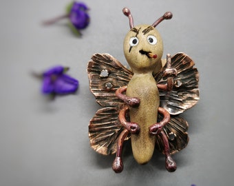 Copper brooch Butterfly Bully, funky gift idea for dude, wooden brooch, designer art jewelry, fantasy creature
