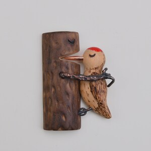 Adorable wood brooch Love is hurt, wooden woodpecker, handpainted brooch, metal brooch, wooden brooch, original jewelry image 2