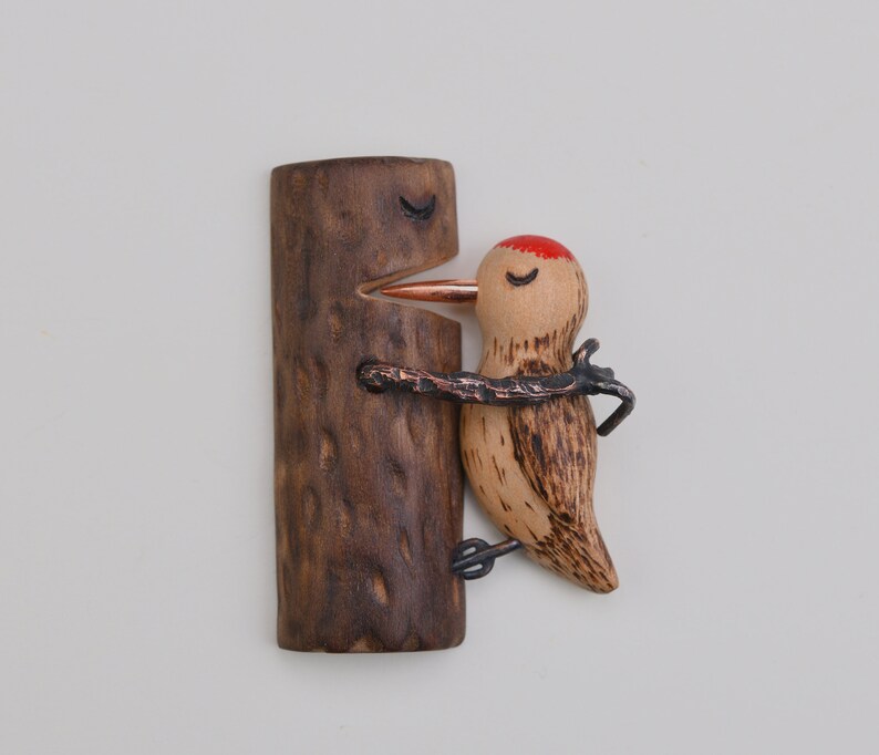 Adorable wood brooch Love is hurt, wooden woodpecker, handpainted brooch, metal brooch, wooden brooch, original jewelry image 2