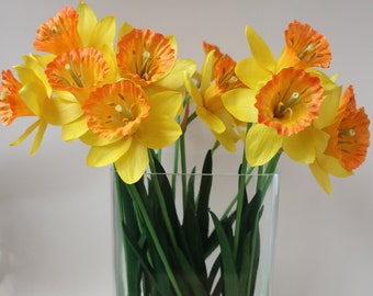 Yellow clay daffodils, Ceramic bouquet, Cold porcelain daffodils, Realistic white narcissus, Real touch daffodils