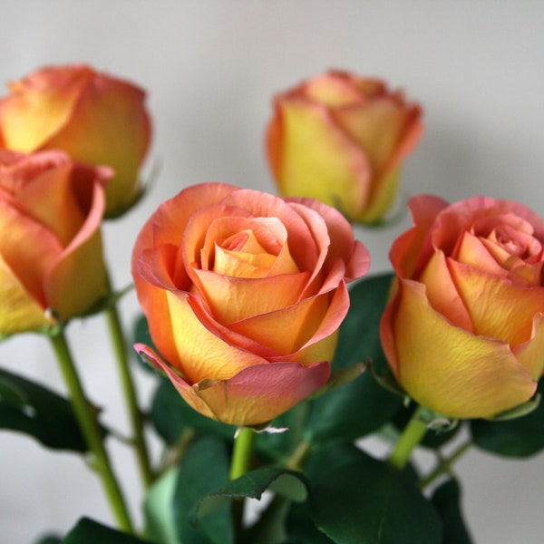 Clay yellow roses, Rose arrangement, Cold porcelain flowers bouquet, Yellow roses with coral ending, Faux roses, Artificial roses for her