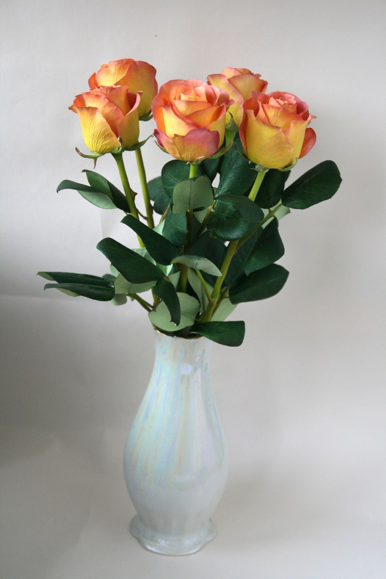 Clay yellow roses, Rose arrangement, Cold porcelain flowers bouquet, Yellow roses with coral ending, Faux roses, Artificial roses for her image 9