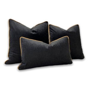 Black Plain Velvet Decorative Throw Pillow Cover with Yellow Velvet Binding / 20x20 - 18x18 - 12x20 Inches