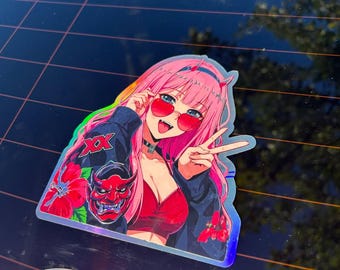 Holographic Zero Two Anime Sticker, Darling in the Franxx Decal, Waifu Car Sticker, Holo Vinyl Anime Decal, Laptop Window Sticker