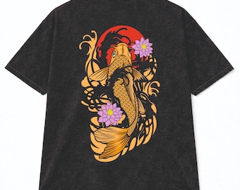 Washed Oversized Cotton T-Shirt – Japanese Koi Carp Back Print | Streetwear Tee