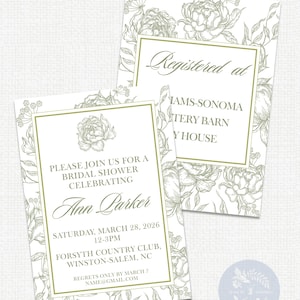 May include: Bridal shower invitations with floral design. The invitations feature a floral border and text that reads "Please join us for a bridal shower celebrating Ann Parker." The event details include the date, time, and location.