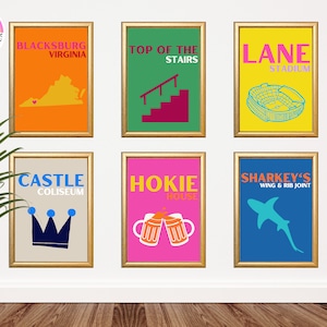 Virginia Tech Gallery Wall Travel Print Set of 6, Blacksburg, TOTS, Lane Stadium, Castle Coliseum, Hokie House, Sharkey&#39;s