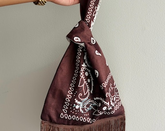 Personalized Brown Bandana Knot Bag with Brown Fringe