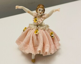 Vintage Porcelain Lace Miniature Ballerina Figurine, Dresden Style 