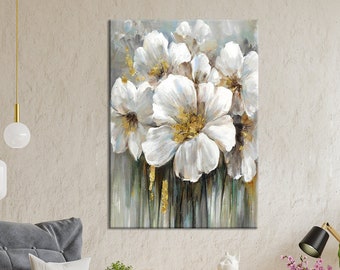 White Flowers Painting Gold And Grey Canvas Prints Art Gold Leaf Modern Textured Painting Gold Acrylic Canvas Art Home Office Canvas Decor