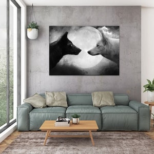 Schwarz-weißer Wolf, auf dem Hintergrund der Mondwölfe, Wolfsnacht Tier Ölgemälde, Leinwanddruck, Home Decor Leinwand