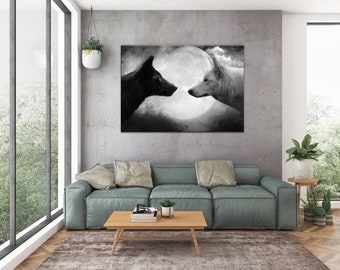 Black And White Wolf, On The Background Of The Moon Wolves, Wolf Night Animal Oil Painting, Canvas Print, Home Decor Canvas