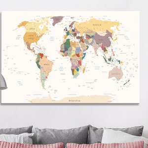 Mapa del mundo Colorido Mapa de arte mural Moderno Grande detallado Ciudades y nombres de estado Mapa para dormitorio Sala de estar Dormitorio Decoración del dormitorio