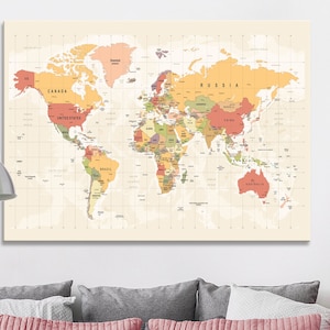 Mapa del mundo Colorido Mapa de arte mural Moderno Grande detallado Ciudades y nombres de estado Mapa para dormitorio Sala de estar Dormitorio Decoración del dormitorio