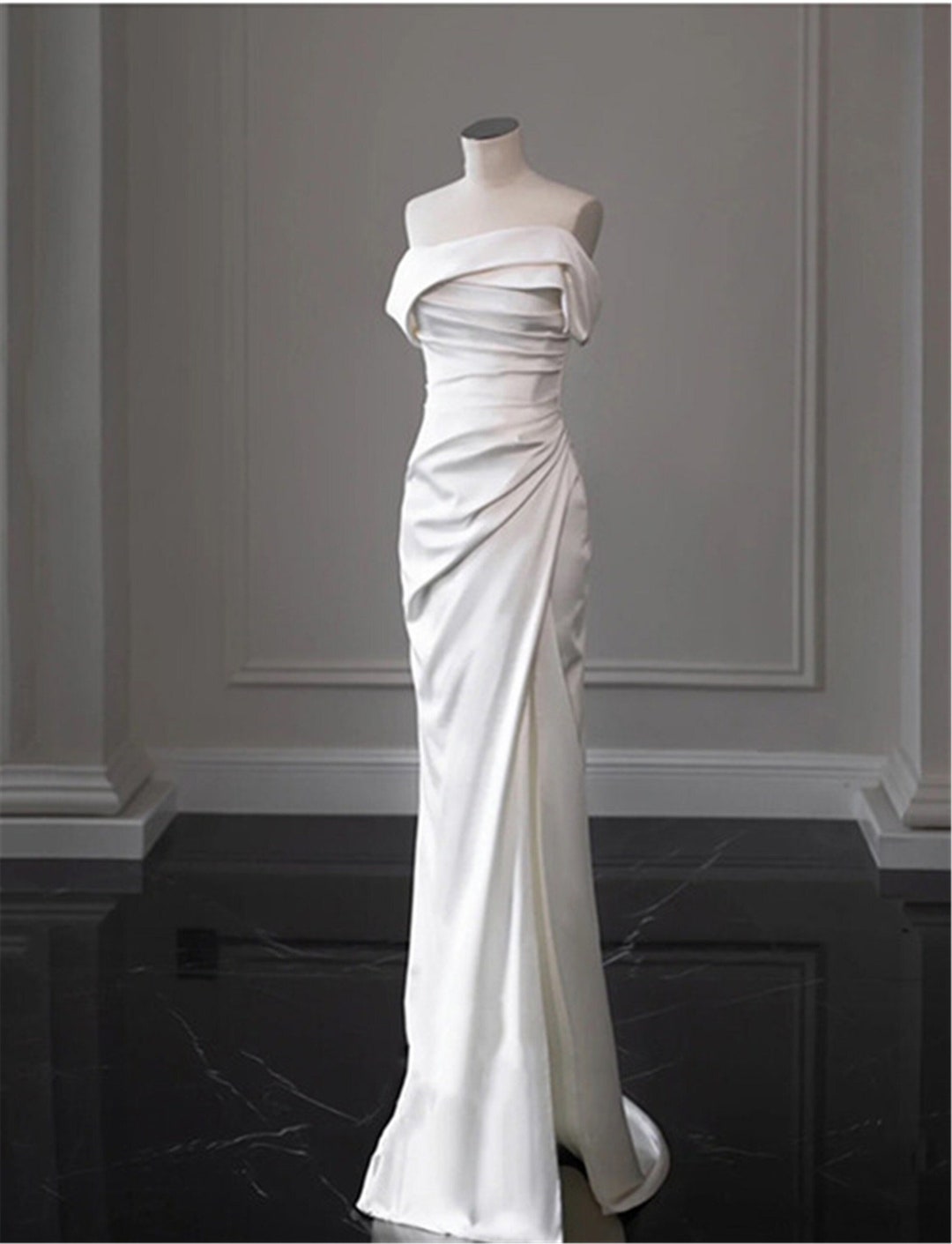 All White Satin Dress Wedding Bridal Dress Elegant Simple Etsy