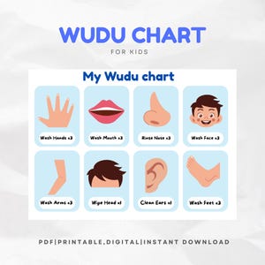 Wudu-kaart voor kinderen | Islamitische wassingstappen voor kinderen | Afdrukbare Wudu-gids | Leren moslimposter voor kinderen | Moslimkinderen stap voor stap
