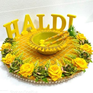 Wedding Favours Occasion Mehndi Gift Haldi /Indian Mehandi Sangeet Thali Platter /Indian Wedding Rituals Decorated Thali For Tel Ban Haldi