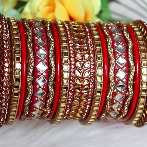 Red And Golden Color Lakh Bangles Set Of 17 Bangles Lac Bangles Bridal Wedding Lac Chura Color Customized With Golden Kundan Work Heavy Look