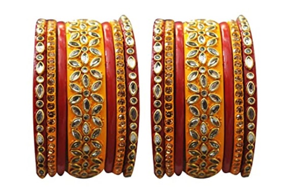 Red and Yellow Color Lakh Bangles Set of 14 Bangles Lac Bangles