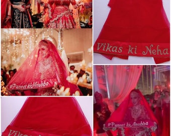 Bridal Entry Dupatta With Name Embroidery On Dupatta Wedding Veils With Groom Name Red Color And Color Can Be Customized