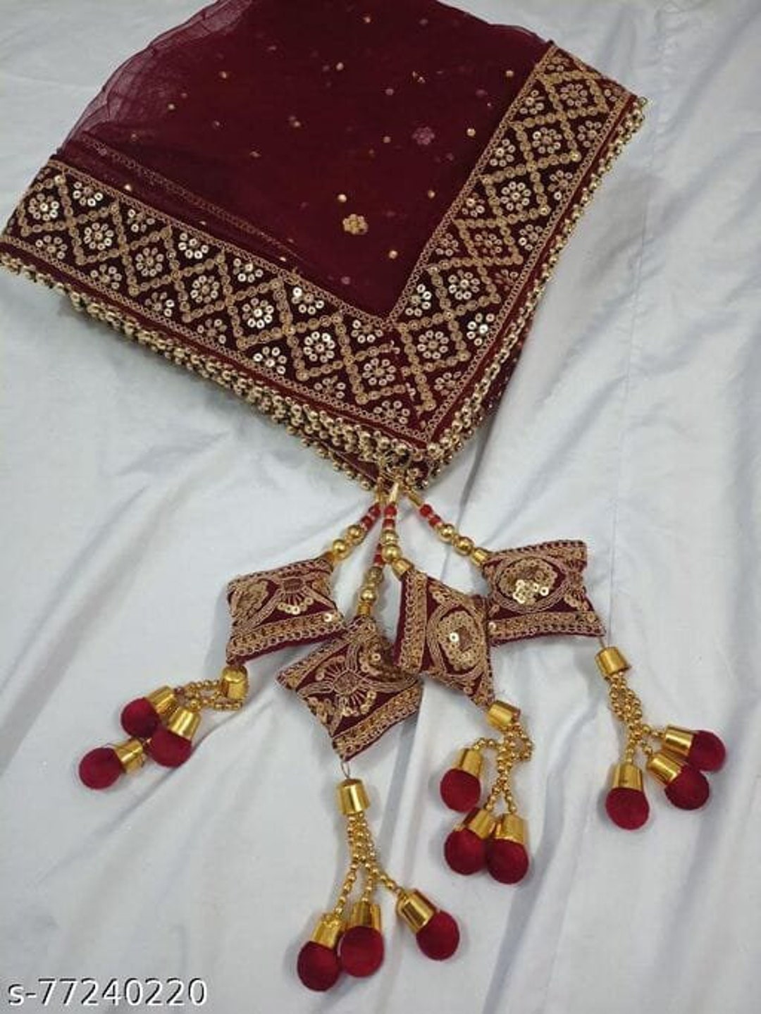 Maroon Indian Wedding Dupatta Long Net Embroidered Scarf Punjabi Dress