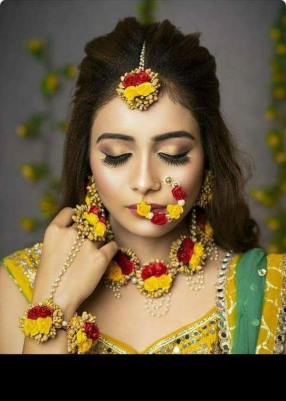 Bridedulhaniya Red and Yellow Artificial Flower Jewellery for Bride Indian Pakistani Nikah Mayun Handmade Jewellery Haldi Baby Shower 5 Pecs. Handmade