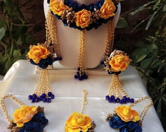 Yellow Color Artificial Flower Jewellery For Bride Indian Pakistani Nikah Mayun Handmade Jewellery Haldi Baby Shower 4 Pecs. Handmade