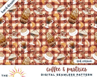 Red Coffee Seamless Pattern Pastry Clipart Cozy Kitchen Art Autumn Aesthetic Bakery Digital Download PNG Fall Drink Dessert Art