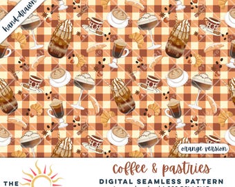 Coffee Seamless Pattern Pastry Clipart Digital Download Cozy Fall Cafe Aesthetic Bakery Kitchen Art PNG Iced Coffee Dessert Print