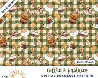 Iced Coffee Seamless Pattern Bakery Pastry Clipart Cozy Fall Art Digital Download PNG Aesthetic Dessert Drink Pattern for Printing